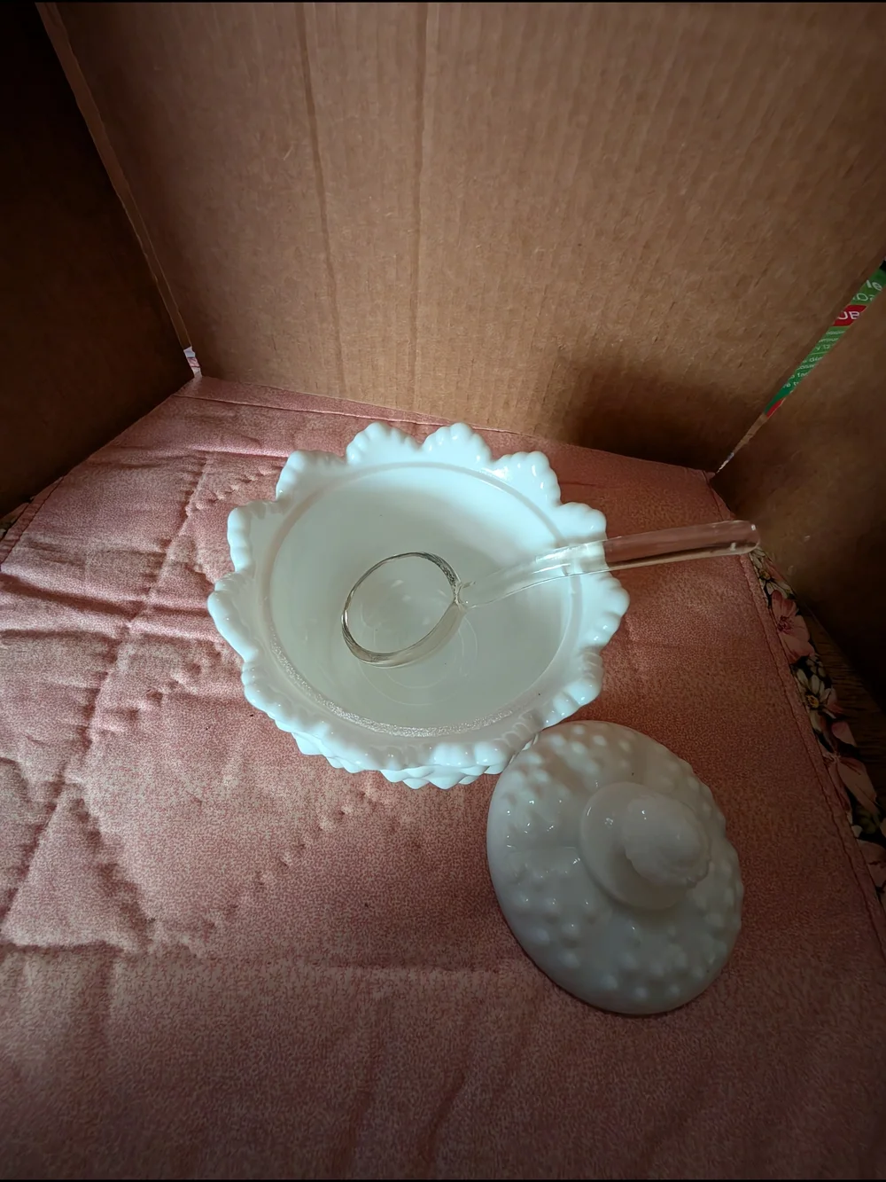White Hobnail Milk Glass Lidded Jam Jar - with Spoon